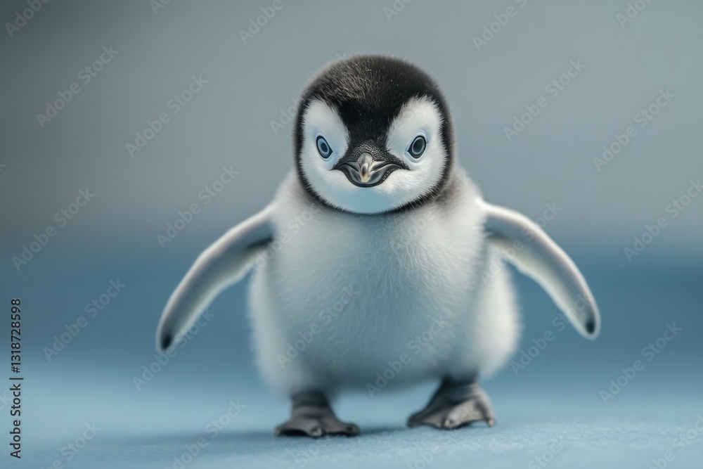 Obraz premium Young penguin stands on a blue surface, showcasing its fluffy feathers and curious expression in a close-up shot