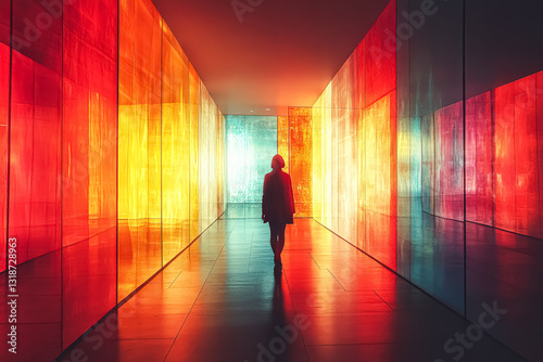 Person walks through a brightly lit hallway with colorful walls. The hallway is long and narrow, with a few other people visible in the background. The atmosphere is lively and energetic