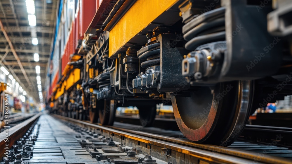 Train Undercarriage and Wheels on Tracks in a Maintenance Hangar Train Undercarriage and Wheels on Tracks in a Maintenance Hangar