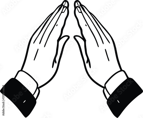 This black and white vector graphic depicts two hands clasped together in a prayer position.