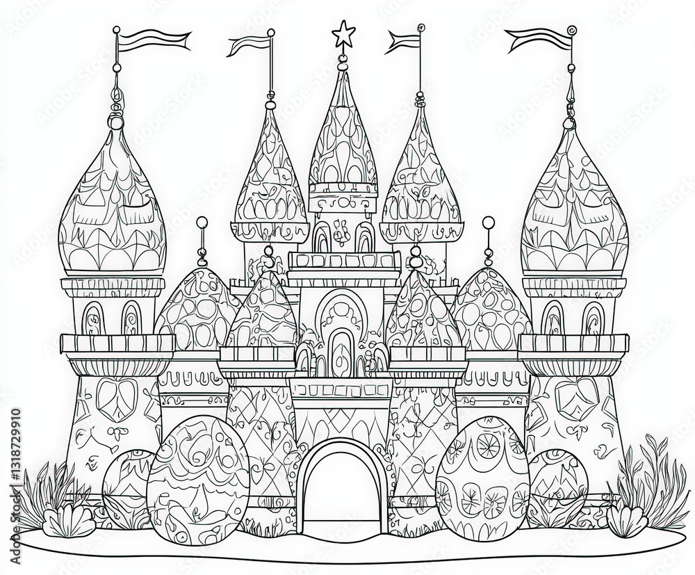 Obraz premium A whimsical castle made entirely out of Easter eggs, coloring page for kids, simple outline illustration. Coloring book.