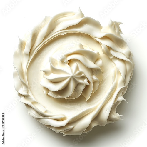 A beautifully swirled mound of creamy white frosting, with elegant peaks, set against a clean white background.