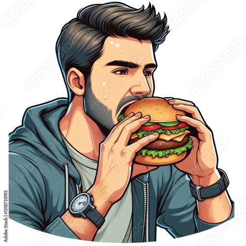 man eating hamburger