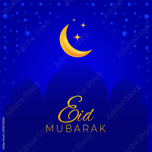 Eid Mubarak card. Mosque, moon stars and sparkles on a blue background. Vector illustration.