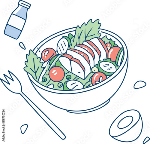 A cheerful illustration of a healthy chicken salad in a bowl, topped with various vegetables.