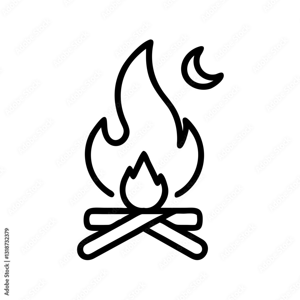 Campfire with flames and crescent moon for outdoor night gathering and warmth Campfire with flames and crescent moon for outdoor night gathering and warmth