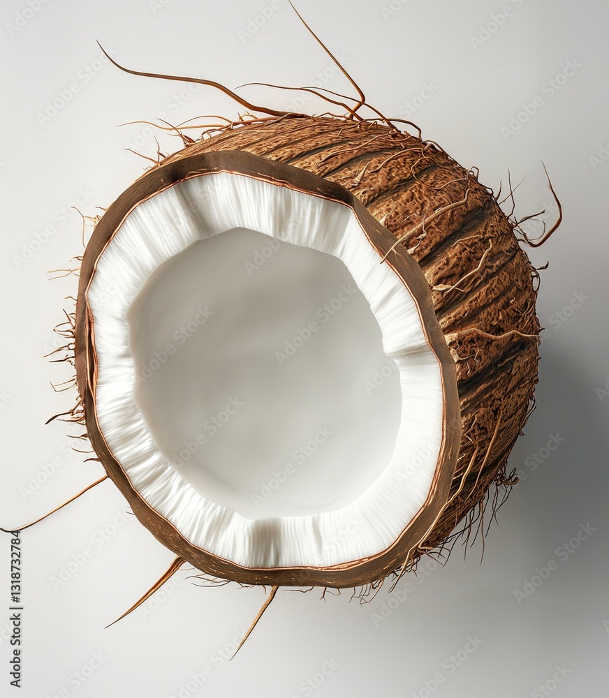 A close-up view of a coconut shell, showcasing its rough exterior and smooth, white interior, symbolizing tropical nature. A close-up view of a coconut shell, showcasing its rough exterior and smooth, white interior, symbolizing tropical nature.