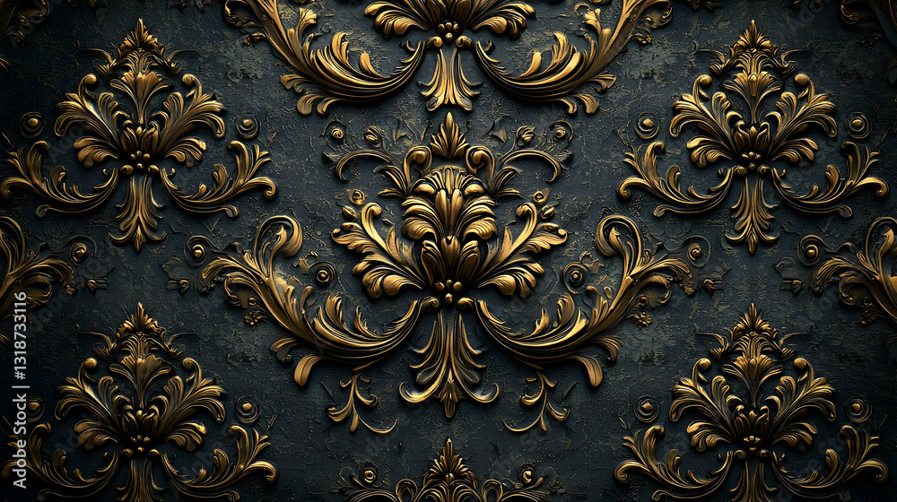 Dark Gold Damask Pattern Design on Black Background Dark Gold Damask Pattern Design on Black Background