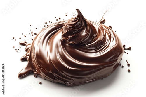 A glossy mound of rich, dark chocolate swirls, showcasing its smooth texture against a stark white background.
