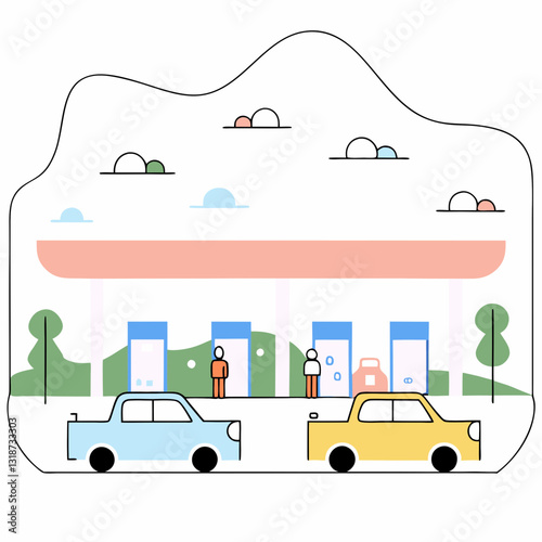 Gas station scene with cars and people for travel and refueling concept