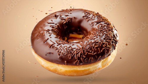 Chocolate Donut with Chocolate Sprinkles on Cream Background Isolated