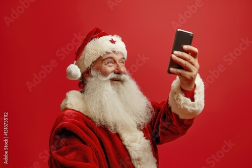 High Definition Picture of Santa Claus Taking Selfie with Smartphone photo