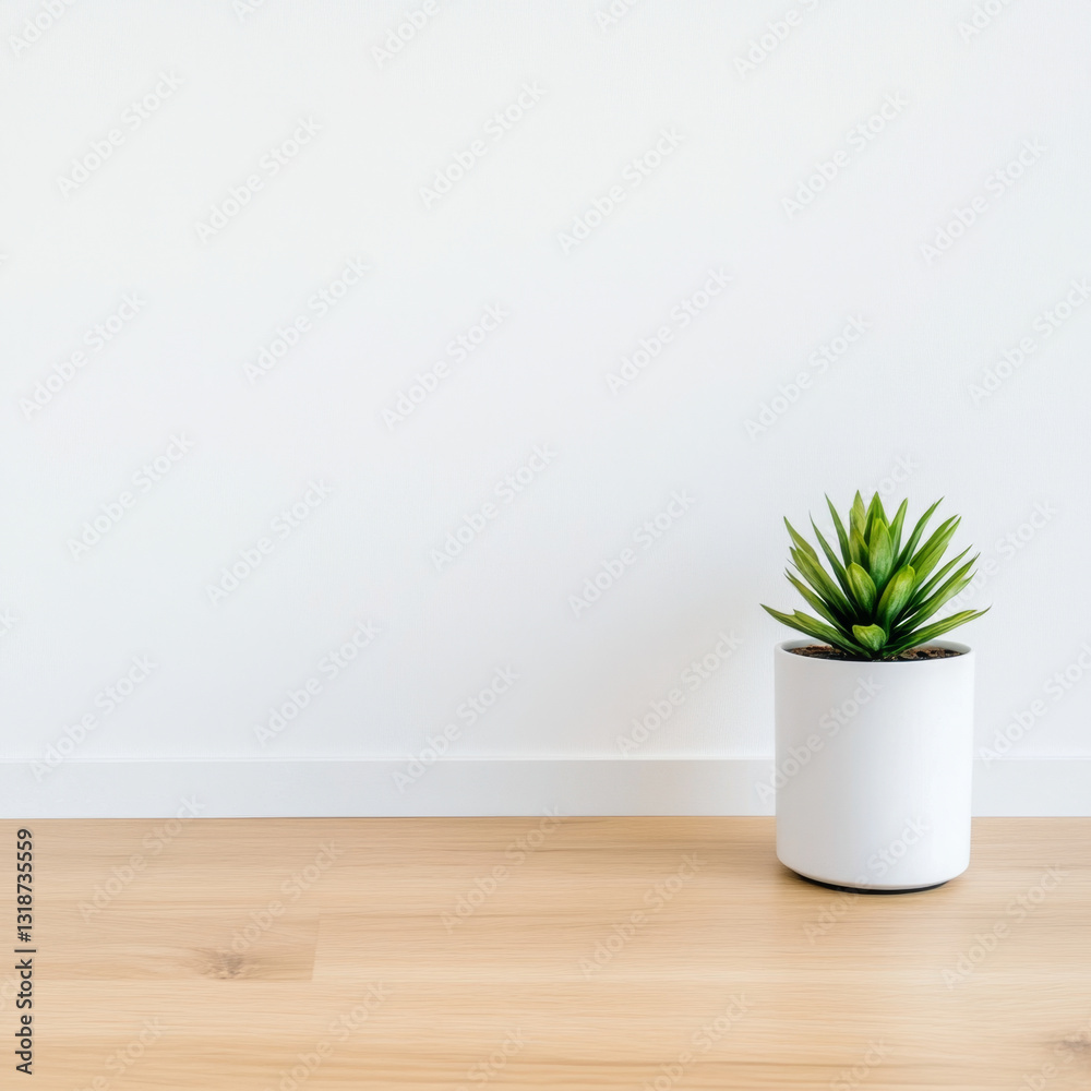 Fototapeta premium Small potted plant in minimalist white pot on wooden floor, adding touch of nature to space