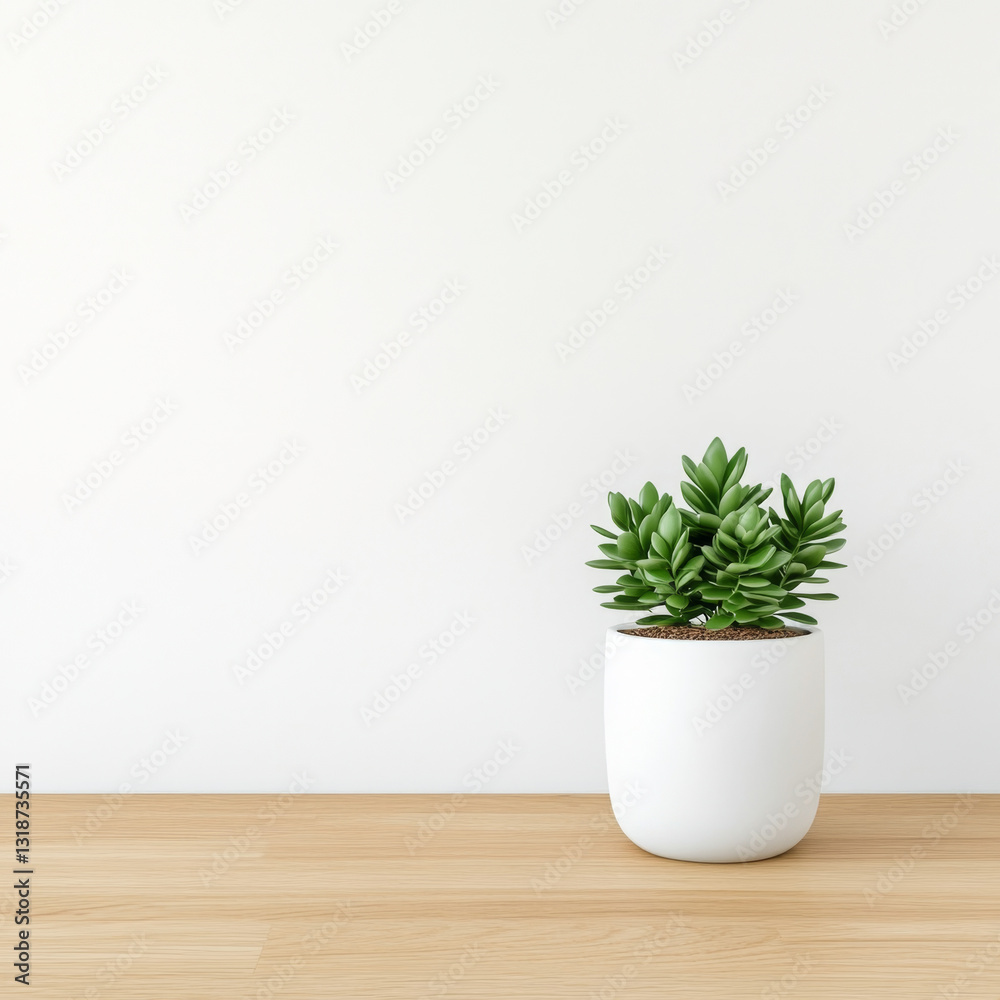 Fototapeta premium Small potted plant in minimalist white pot on wooden table, adding touch of nature to decor