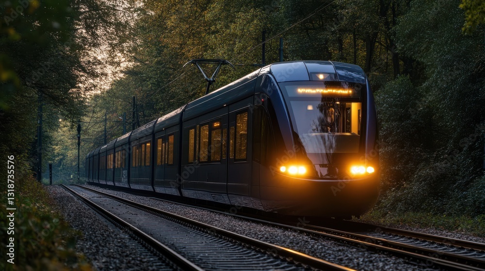 Fototapeta premium Modern light rail train with LED headlights illuminates railway tracks through green forest at dusk. Transport and transportation concept.