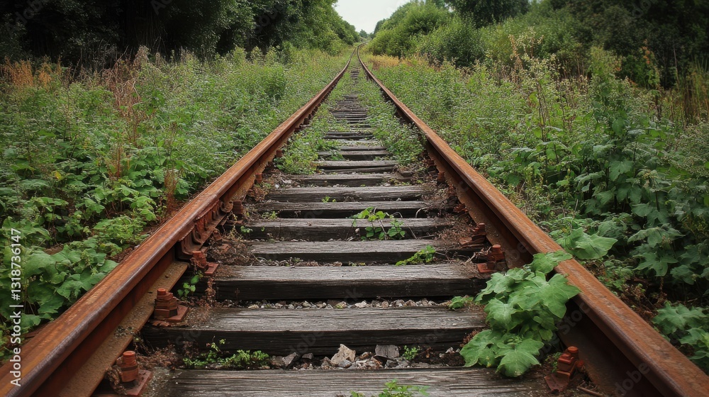 Obraz premium Abandoned train tracks overgrown with green plants create a scene of decay and natural reclamation in the countryside