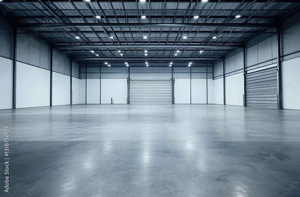 Obraz premium Spacious Industrial Warehouse Interior with Glossy Concrete Floor and Bright LED Lighting 