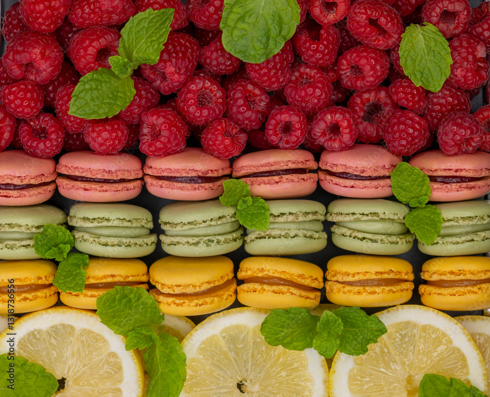 macaroons of different colors with with raspberries, lemon and mint