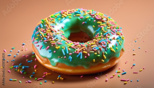 Cruller Mint Chocolate Donut with Rainbow Sprinkles on Brown Background Isolated