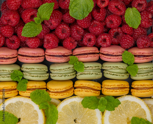Obraz na płótnie macaroons of different colors with with raspberries, lemon and mint w salonie