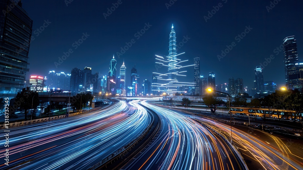 Obraz premium Electrifying futuristic cityscape at night with high speed traffic trails and glowing skyscrapers Vibrant and dynamic urban landscape with blurred motion of vehicles on the roads
