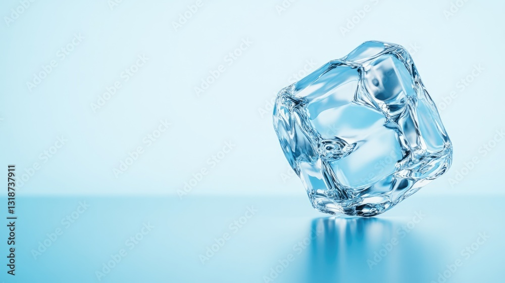 Crystal-clear ice cube on a soft blue background Crystal-clear ice cube on a soft blue background