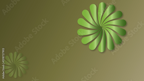 Olive green background, light green spiral geometrical  elements, subtle 3D effect,  shadow that makes them appear to be floating above the background.