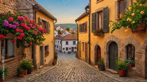 A narrow street with houses on either side and a cobblestone road
