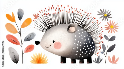 Cute Watercolor Hedgehog Illustration with Autumn Leaves and Flowers