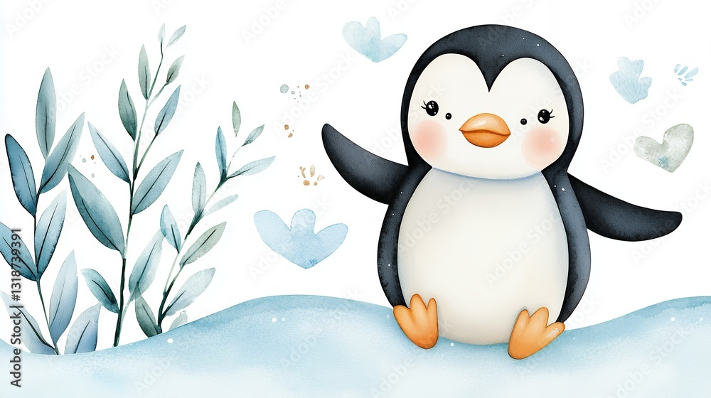 Obraz premium Cute Watercolor Penguin Illustration with Blue Leaves and Snow