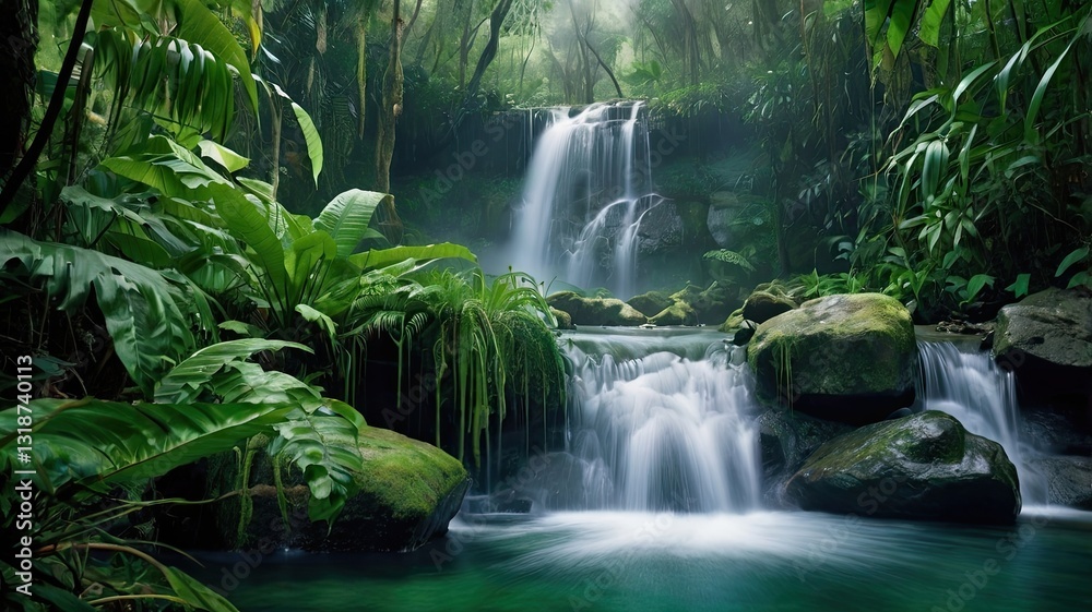 A waterfall is flowing into a river in a lush green forest A waterfall is flowing into a river in a lush green forest