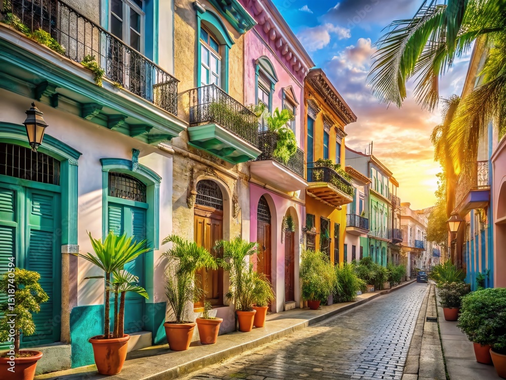 Vibrant Cuban Colonial Architecture in Castro, Colorful Buildings, Historic Streetscape Vibrant Cuban Colonial Architecture in Castro, Colorful Buildings, Historic Streetscape