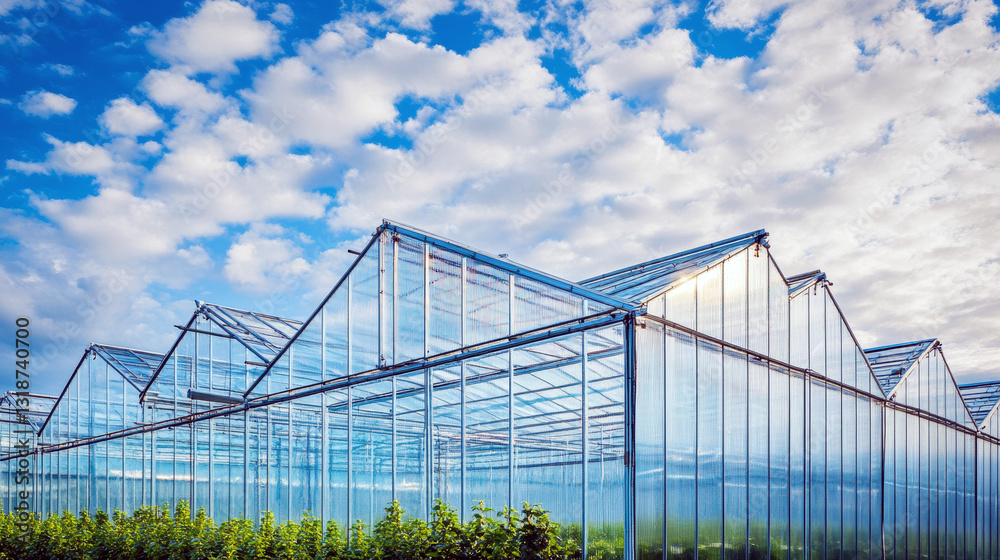 Modern glass greenhouse structure under cloudy blue sky with lush green plants Modern glass greenhouse structure under cloudy blue sky with lush green plants