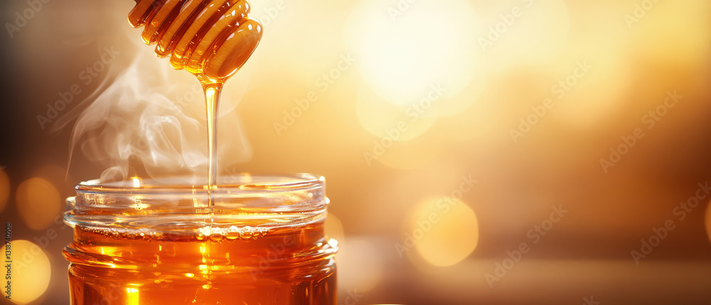 Golden Honey Dripping from a Wooden Dipper in a Jar Kitchen Setting Culinary Photography Warm Lighting Close-Up Sweetness and Nature Golden Honey Dripping from a Wooden Dipper in a Jar Kitchen Setting Culinary Photography Warm Lighting Close-Up Sweetness and Nature