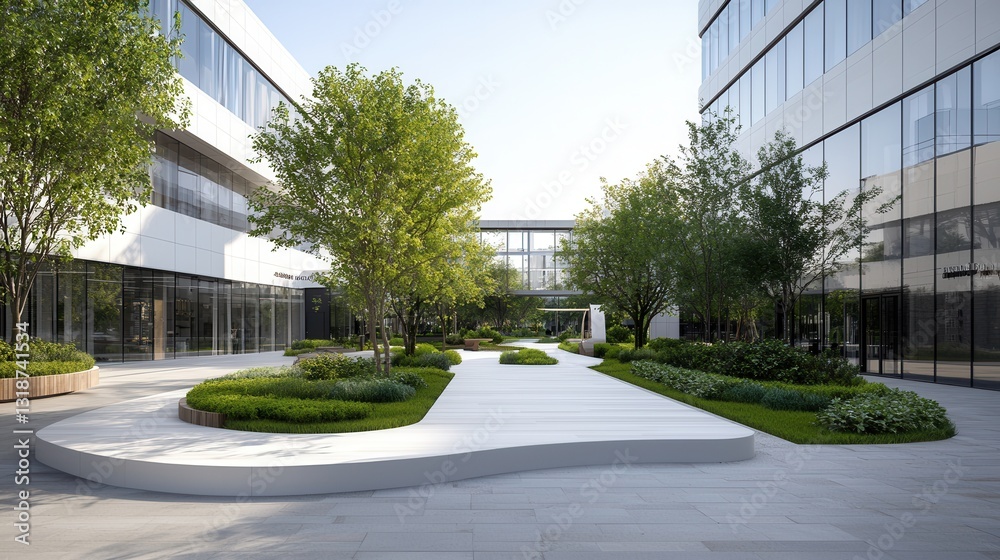 Futuristic eco friendly office building featuring a lush landscaped courtyard and sleek glass facade showcasing a modern sustainable and technology driven corporate workspace design Futuristic eco friendly office building featuring a lush landscaped courtyard and sleek glass facade showcasing a modern sustainable and technology driven corporate workspace design