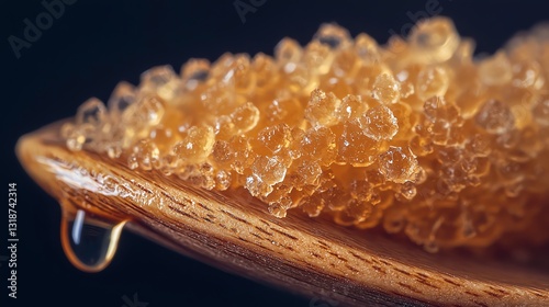 Ultra close-up of a droplet of honey crystallizing on a wooden spoon, capturing the crystallization moment, professional food photography photo