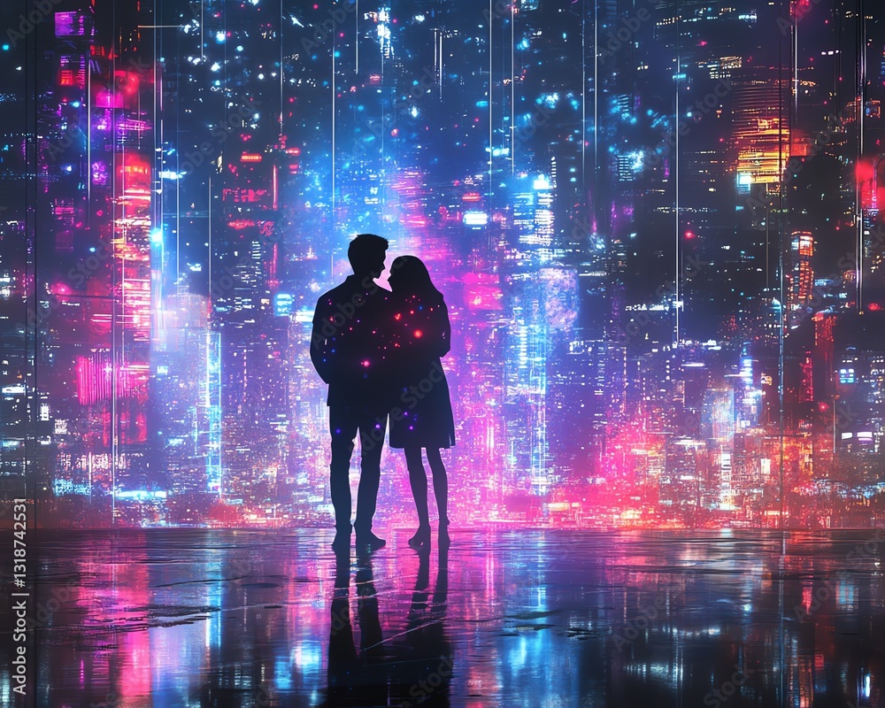 Silhouette of a couple embracing against a vibrant, futuristic cityscape at night. Neon lights, romance, and digital art combine in this stunning image. Silhouette of a couple embracing against a vibrant, futuristic cityscape at night. Neon lights, romance, and digital art combine in this stunning image.