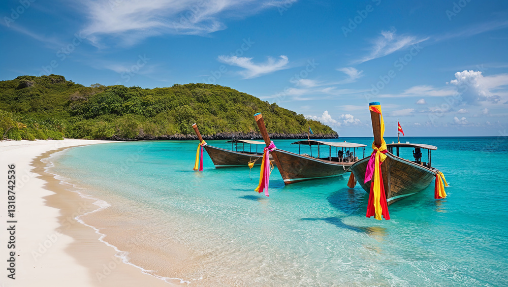 Fototapeta premium Traditional longtail boats resting in the turquoise waters of a tropical paradise