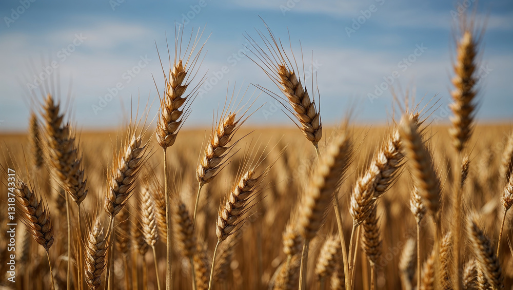 Fototapeta premium Golden wheat stalks swaying in the breeze at outdoor field