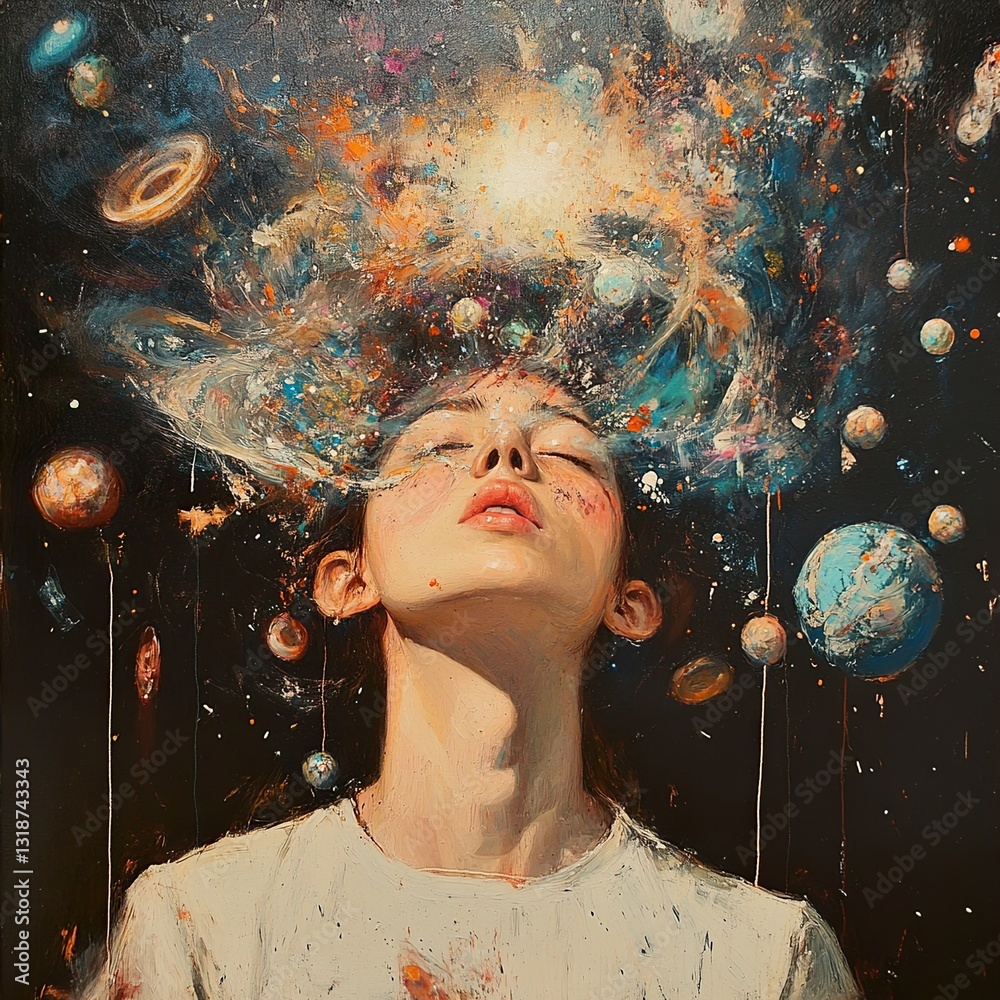 Cosmic Dreamscape: A Surreal Portrait of a Woman's Mind