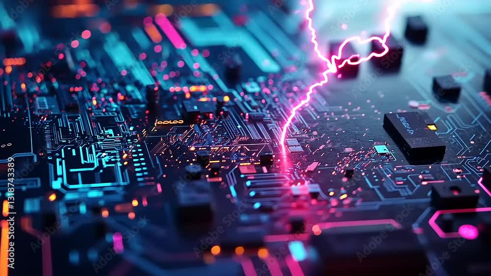 A vibrant, abstract representation of a circuit board with lightning effects.