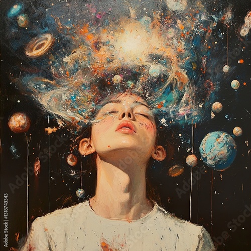 Obraz na płótnie Cosmic Dreamscape: A Surreal Portrait of a Woman's Mind w salonie