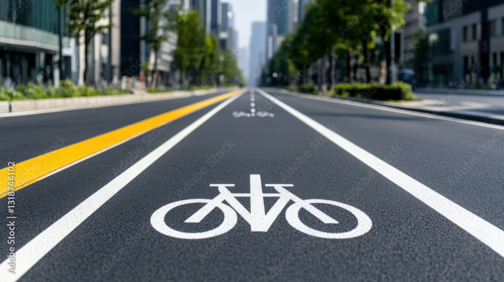 Obraz premium A road sign indicating a bicycle lane on an asphalt road with arrows, bike lane markings, and traffic symbols, suitable for urban transport and cycling routes