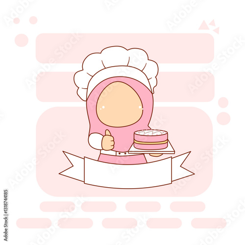 Cartoon Faceless Chef Girl Carrying Cake