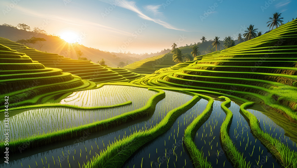 Fototapeta premium Serene Rice Terraces Glowing in Golden Sunrise Light