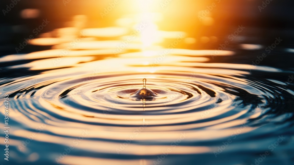 Sunlit water ripple with a droplet creating a splash Sunlit water ripple with a droplet creating a splash