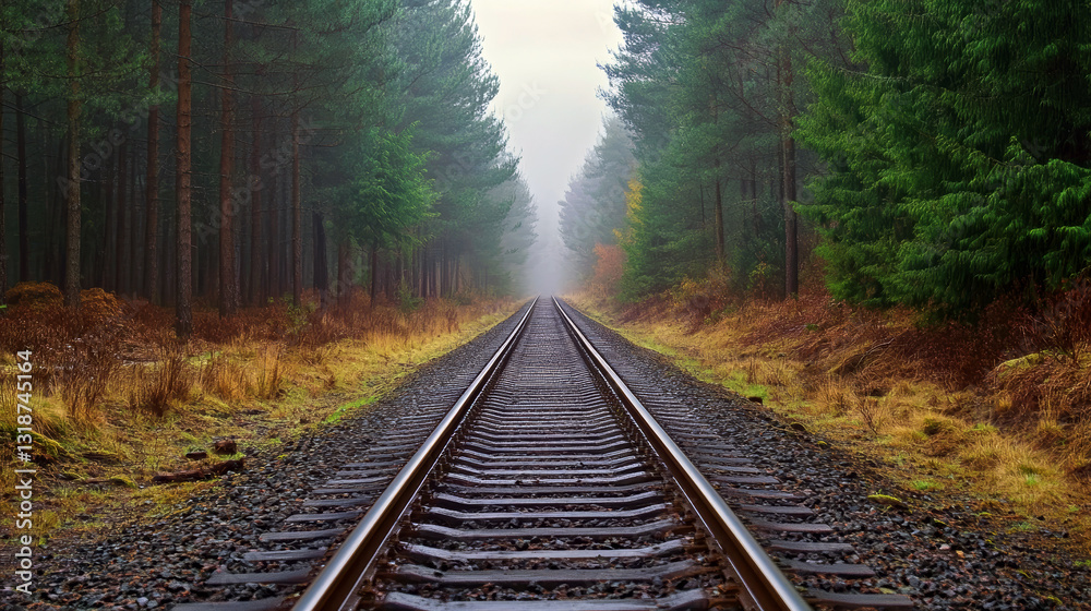 Misty forest railway tracks leading to the horizon Misty forest railway tracks leading to the horizon