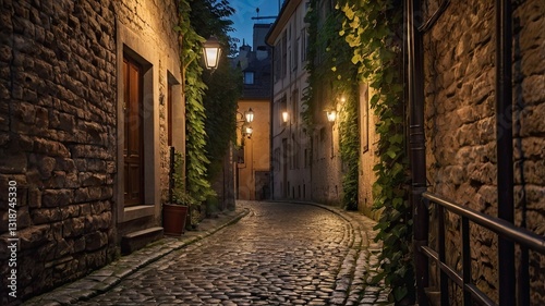 A narrow alleyway with a brick wall and a potted plant