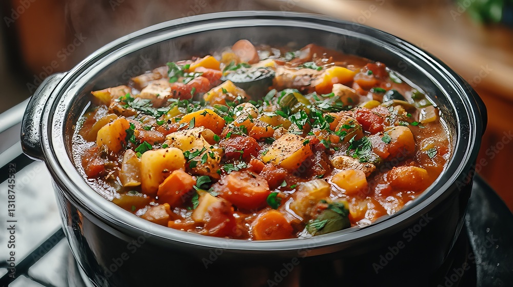 Hearty Vegetable Stew in a Slow Cooker, Emitting Warm and Cozy Vibes Hearty Vegetable Stew in a Slow Cooker, Emitting Warm and Cozy Vibes