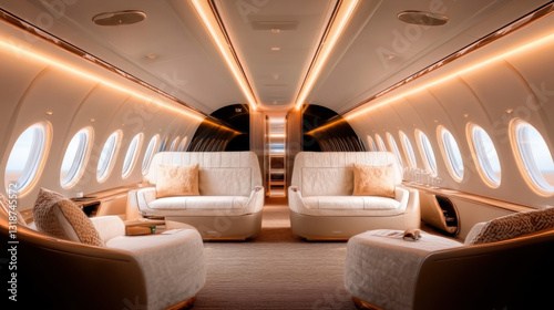 Interior of an airplane and train with luxurious seats and empty passenger spaces for transportation and travel photo